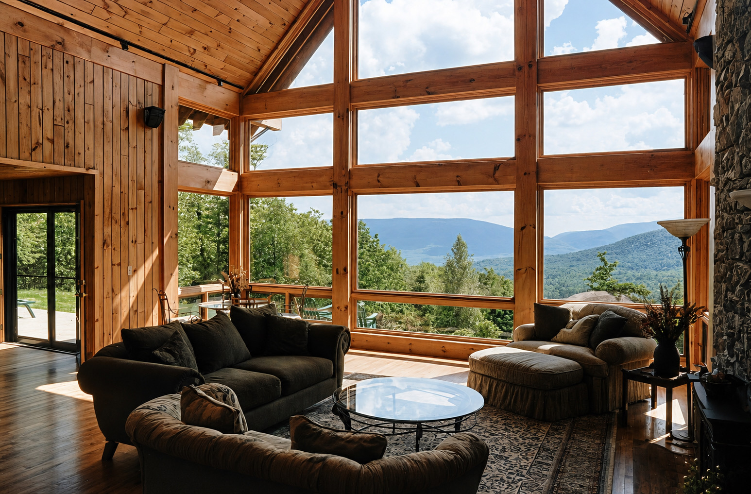 The vaulted living room, its boarded ceiling following the roof to the ridge, a full-height grid of timber-framed glass looking out over wooded ridges to the mountain beyond, and a stone chimney breast at the right.
