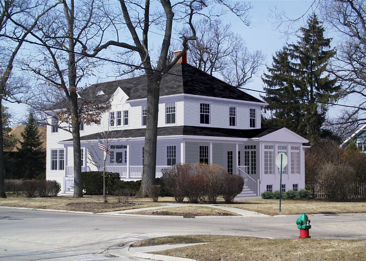 A study of the same corner showing the porch carried around the side of the house to meet a new bay-windowed family room.