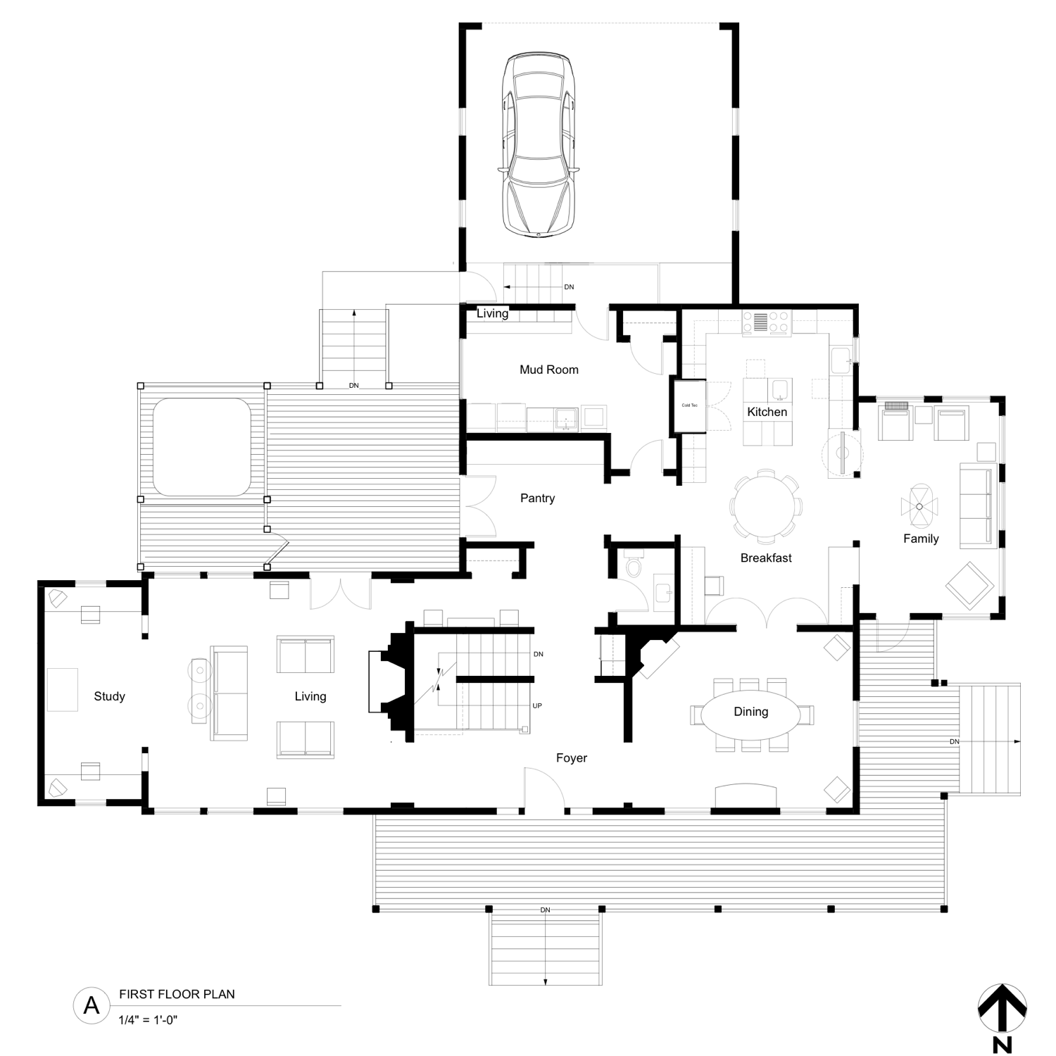 First floor plan: study, living room, foyer and dining in the original house, with kitchen, breakfast, family room, pantry, mudroom and garage added behind, and porch decking wrapping the south and east sides.