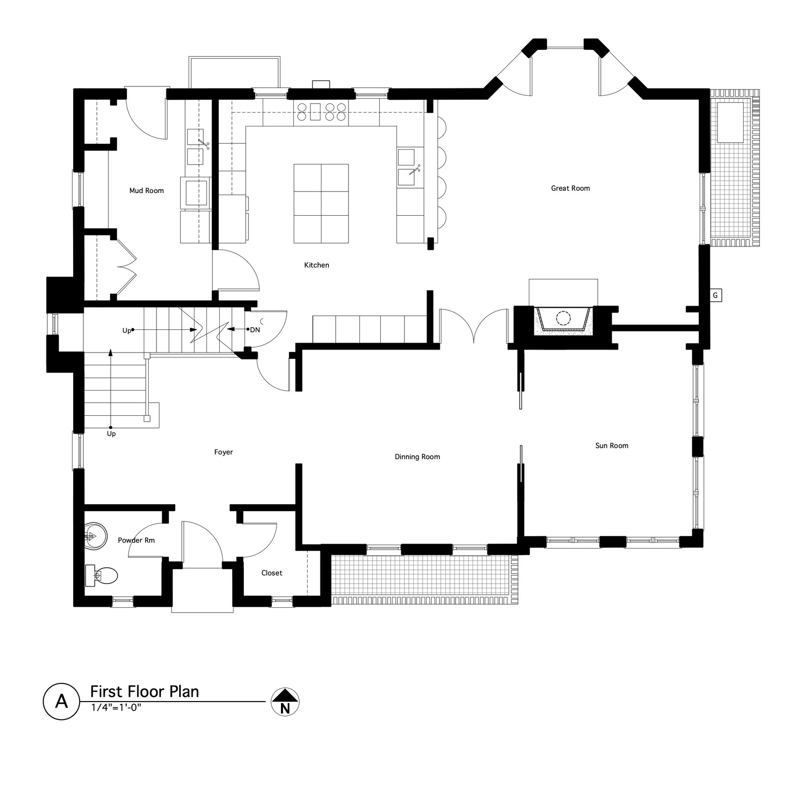 First floor plan: entrance hall and stair at the centre, kitchen and mud room across the top, great room to the right with a fireplace, dining room and sun room along the bottom, powder room and closet off the hall.
