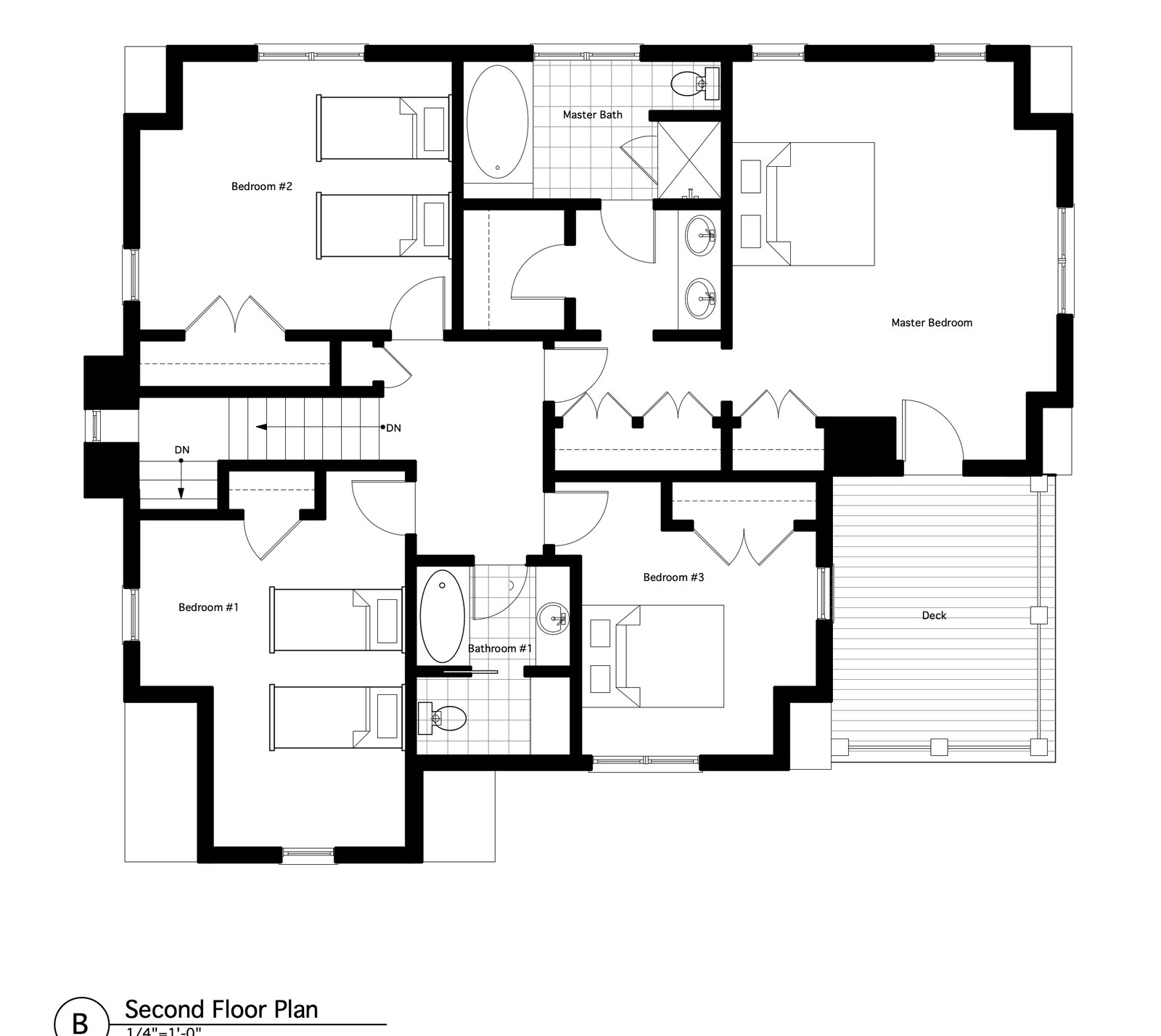 Second floor plan: three bedrooms sharing a bathroom on the west and south sides, and a primary bedroom with its own bath on the east, opening onto a deck.