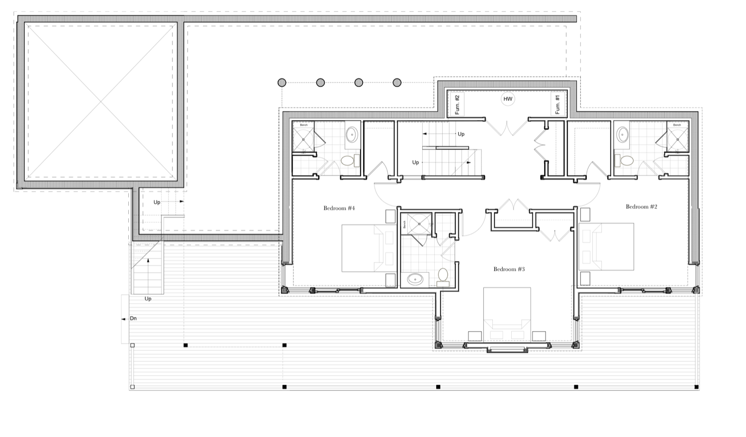 Lower level plan: three further bedrooms, each with a bathroom, arranged around a central stair.