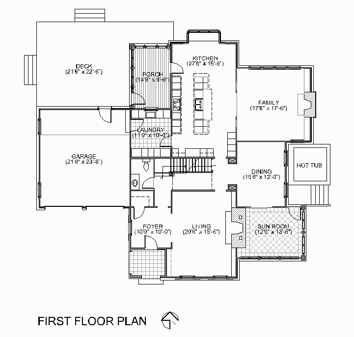 First floor plan: garage and deck to the left, a porch and laundry between them and the kitchen, the kitchen running the depth of the house to the family room on the right, dining room and sun room below it, living room and foyer across the bottom.