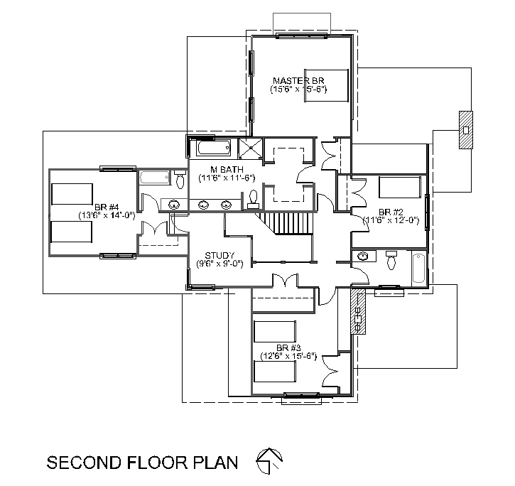 Second floor plan: the primary bedroom and its bath across the top, three further bedrooms around the edges, and a small study beside the stair at the centre.