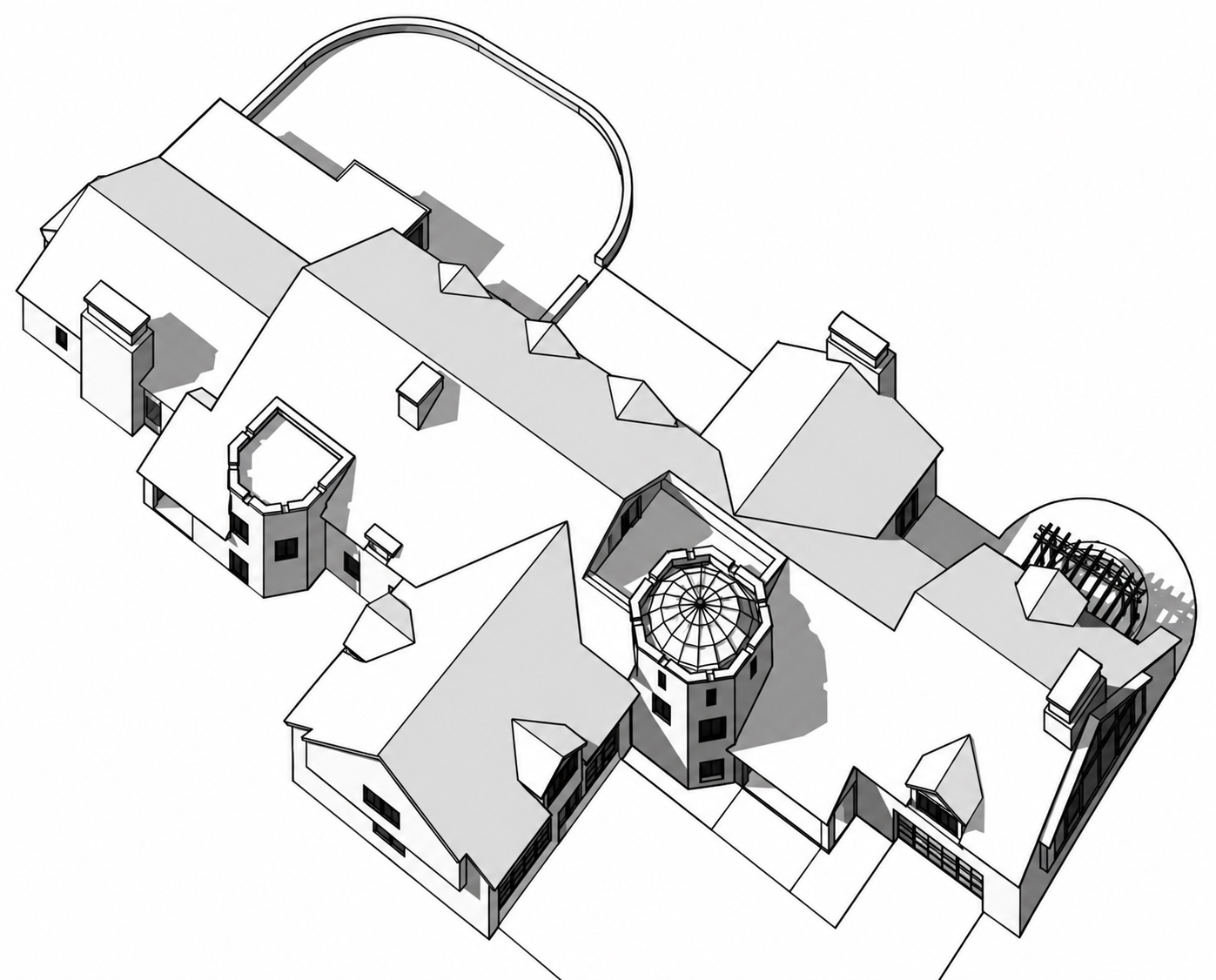 Massing study of the whole house from above: a run of steep gabled roofs with chimneys and dormers, a round tower at the centre carrying a glazed dome, and a curved bay with a pergola at one end.