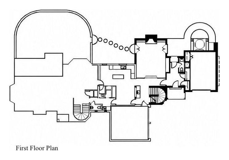 First floor plan: the existing house drawn in thin lines to the left, with a broad curved bay at its end, and the addition drawn in heavy lines to the right, around a round stair and a semicircular entry.