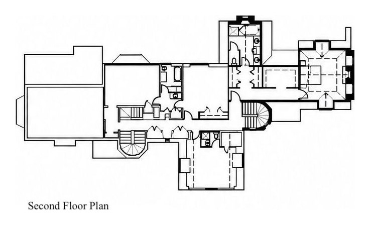 Second floor plan: the existing bedrooms to the left, the new primary suite and its bath to the right, and the round stair continuing up to an octagonal room at the far end.