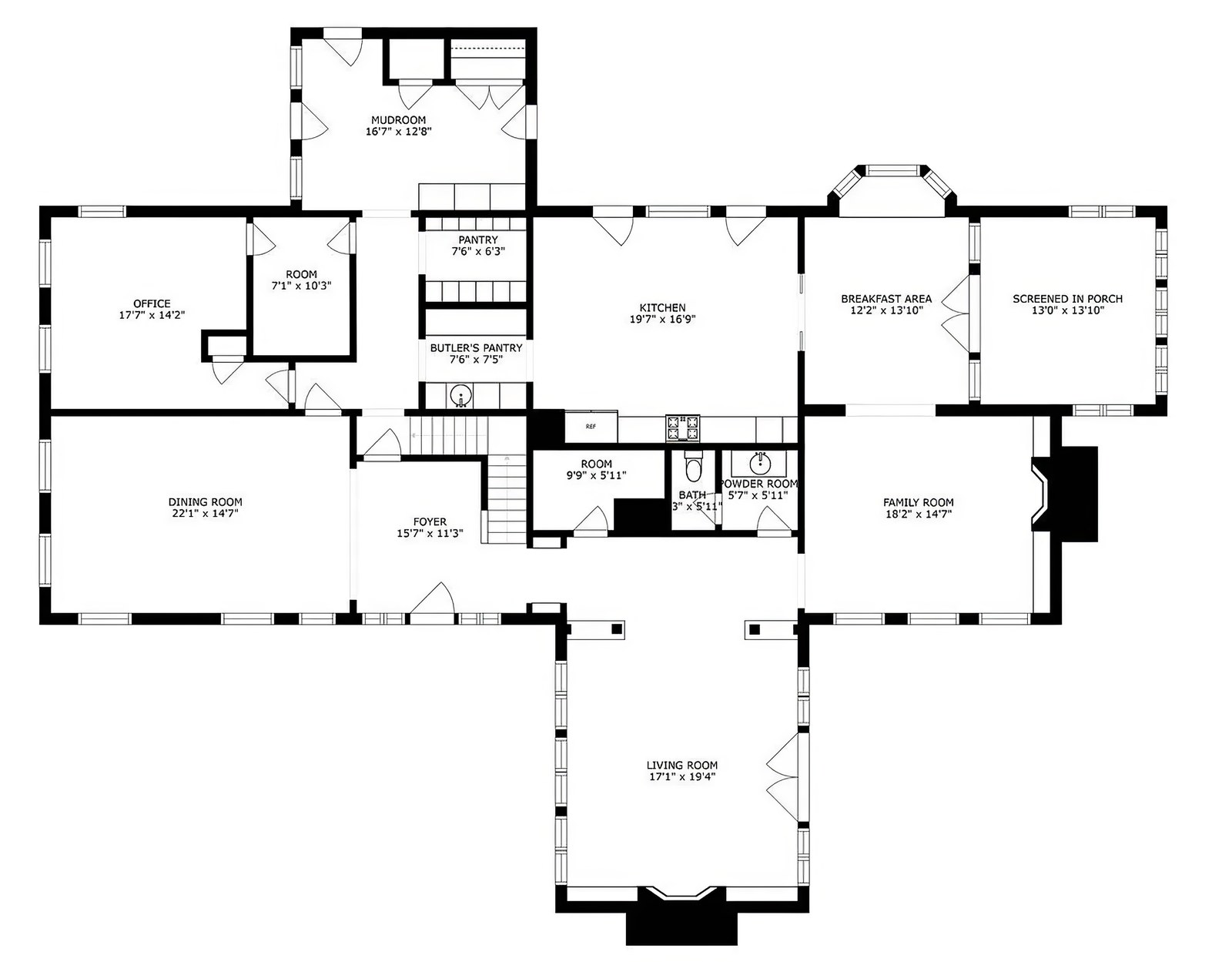 First floor plan: foyer and stair at the centre, dining room and office to the west, kitchen with butler's pantry and breakfast area to the north, family room and screened porch east, and the living room projecting south.