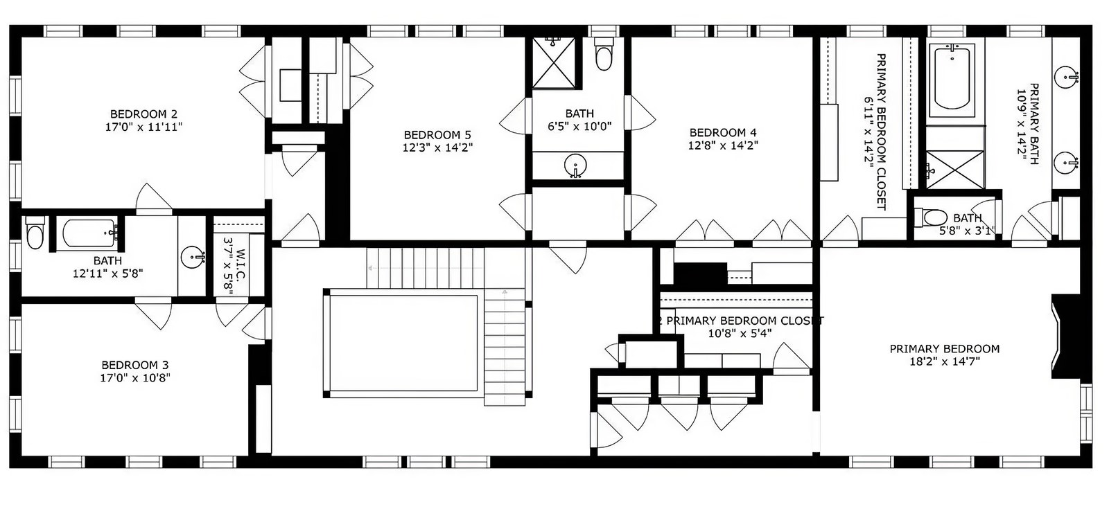 Second floor plan: four bedrooms with two shared bathrooms along the west and centre, and a primary bedroom with its own bath and two closets at the east end.