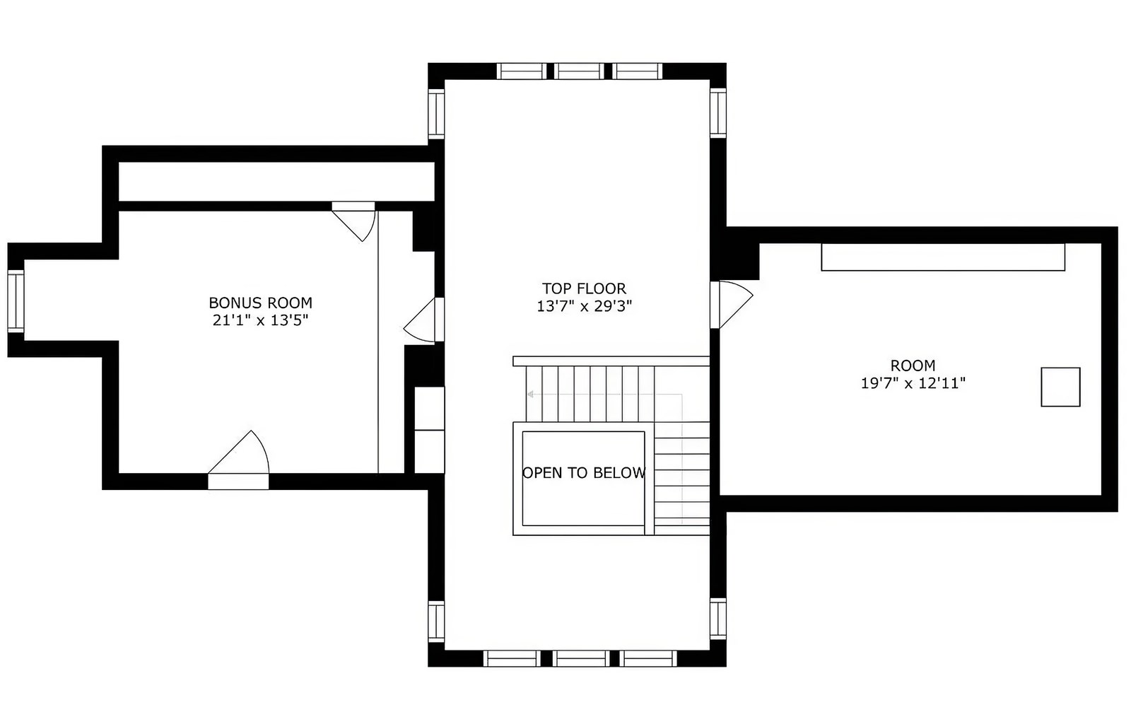 Third floor plan: a bonus room to the west, a further room to the east, and the stair arriving in a top-floor landing open to the floor below.
