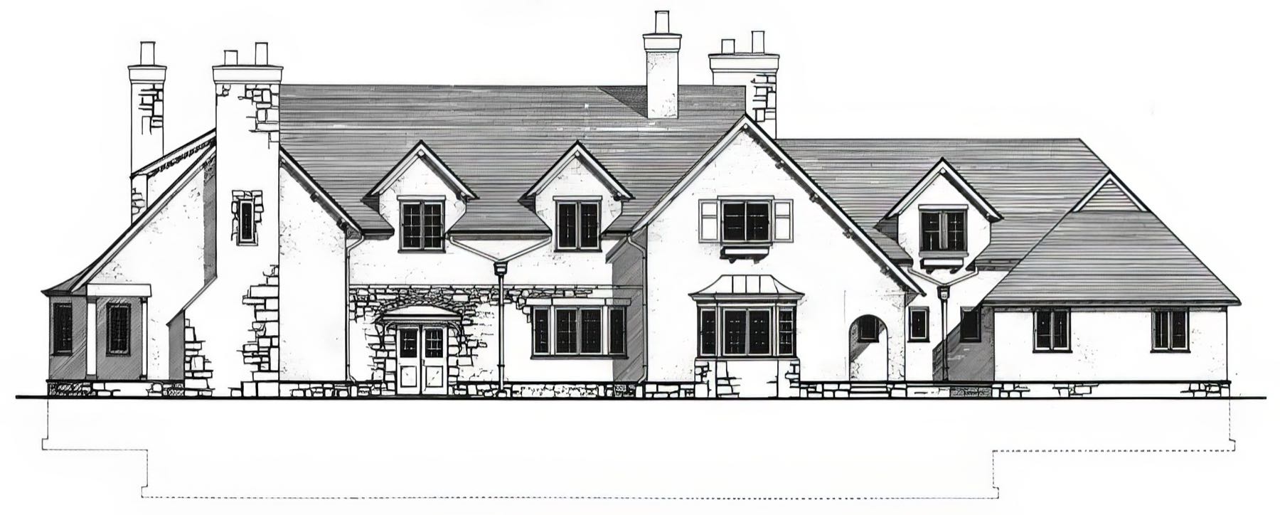 Measured elevation of the house, showing the massing, the roof pitches and the arrangement of chimneys and dormers.
