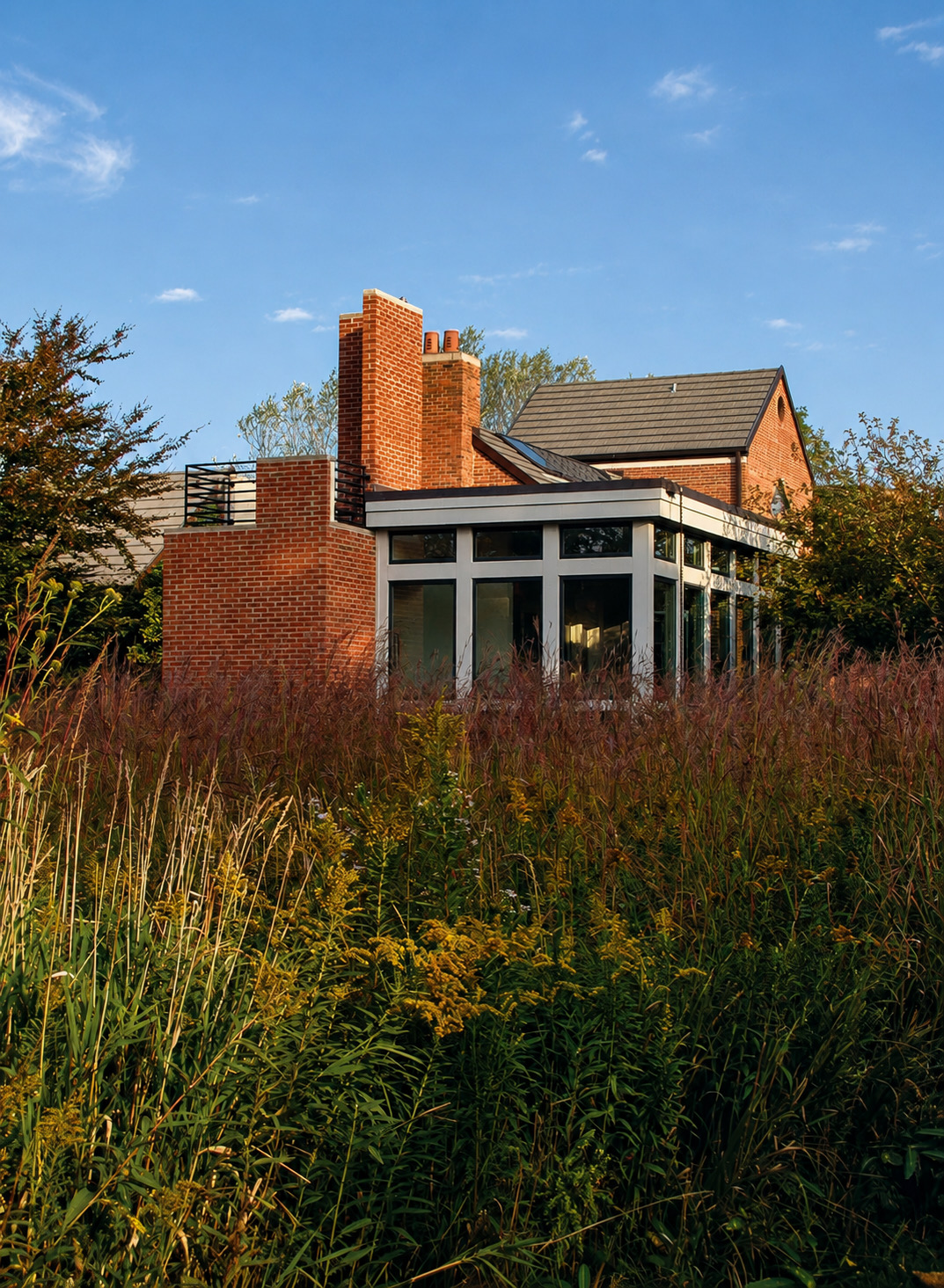 The addition seen through shoulder-high prairie grass, the glazed room sitting low against a brick wall and chimney, with a railed roof deck above it and the tiled gable of the original house beyond.