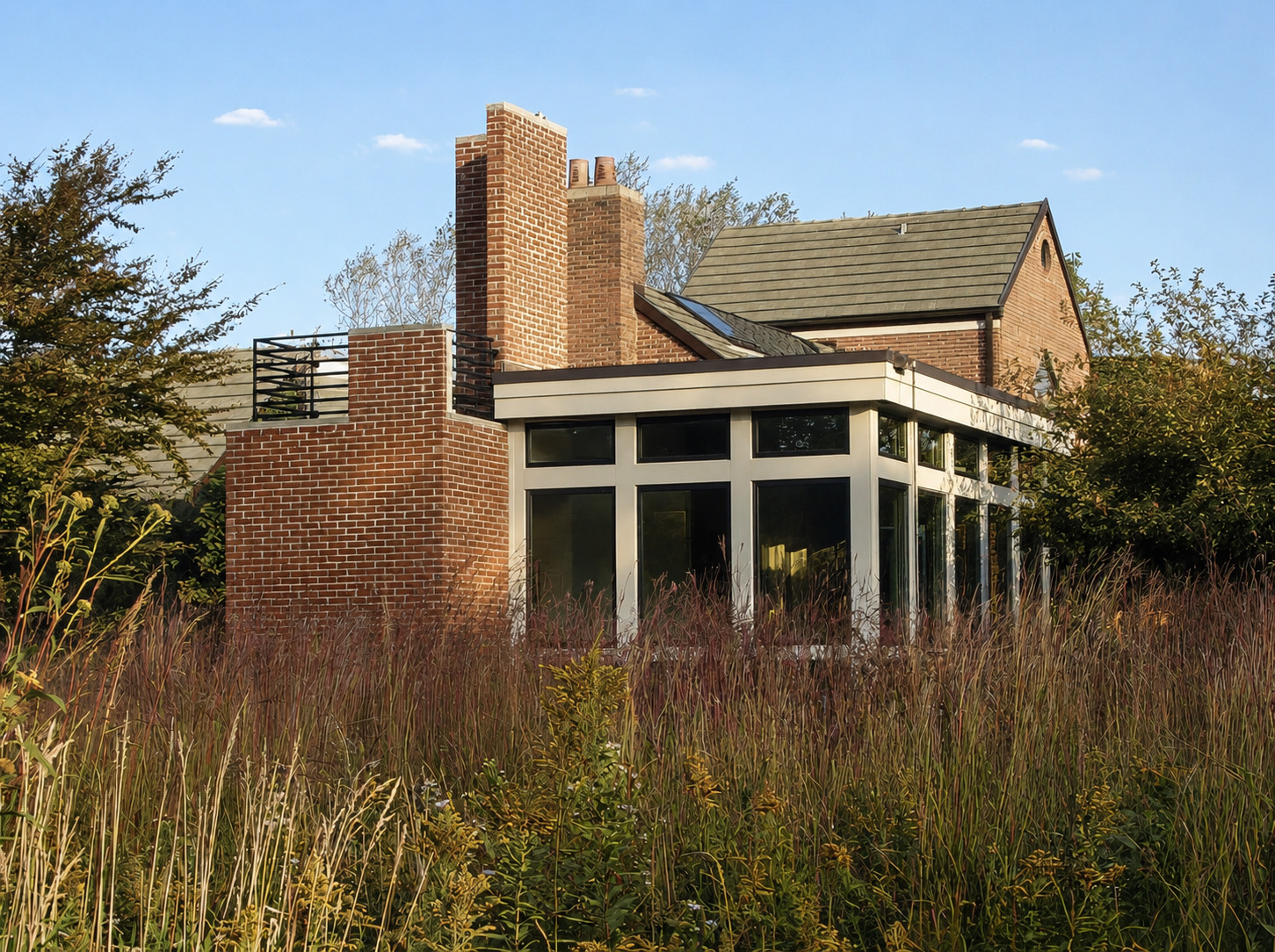 The addition from the prairie: a low glazed pavilion with slender pale mullions set in front of the brick house, a tall brick chimney rising behind it, a railed roof deck to the left, and tall grasses across the foreground.
