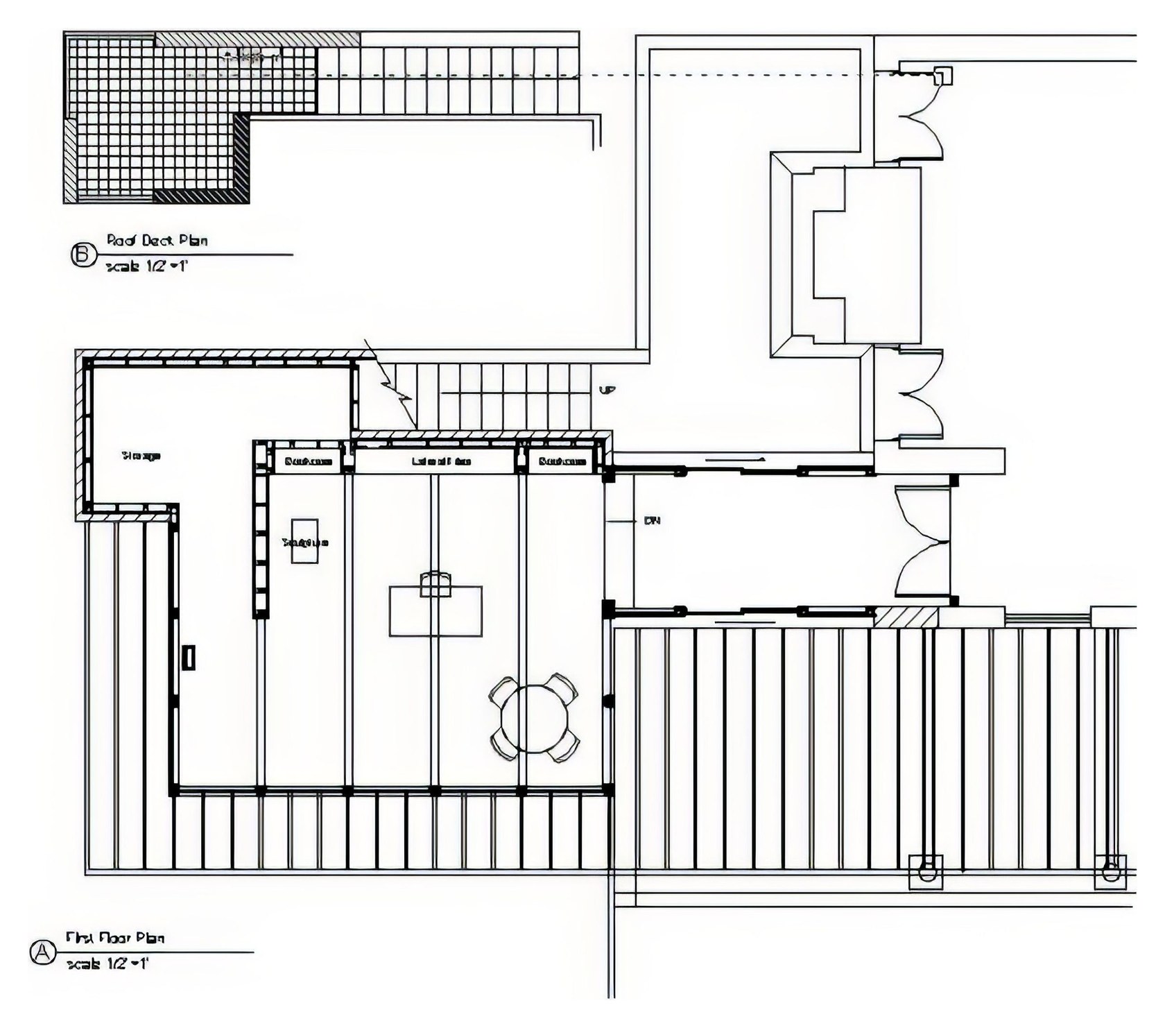 First floor plan with the roof deck plan drawn above it: the new room with bookcases along its inner wall, a sculpture recess at one end, storage beyond that, and a deck running outside the glazed sides.