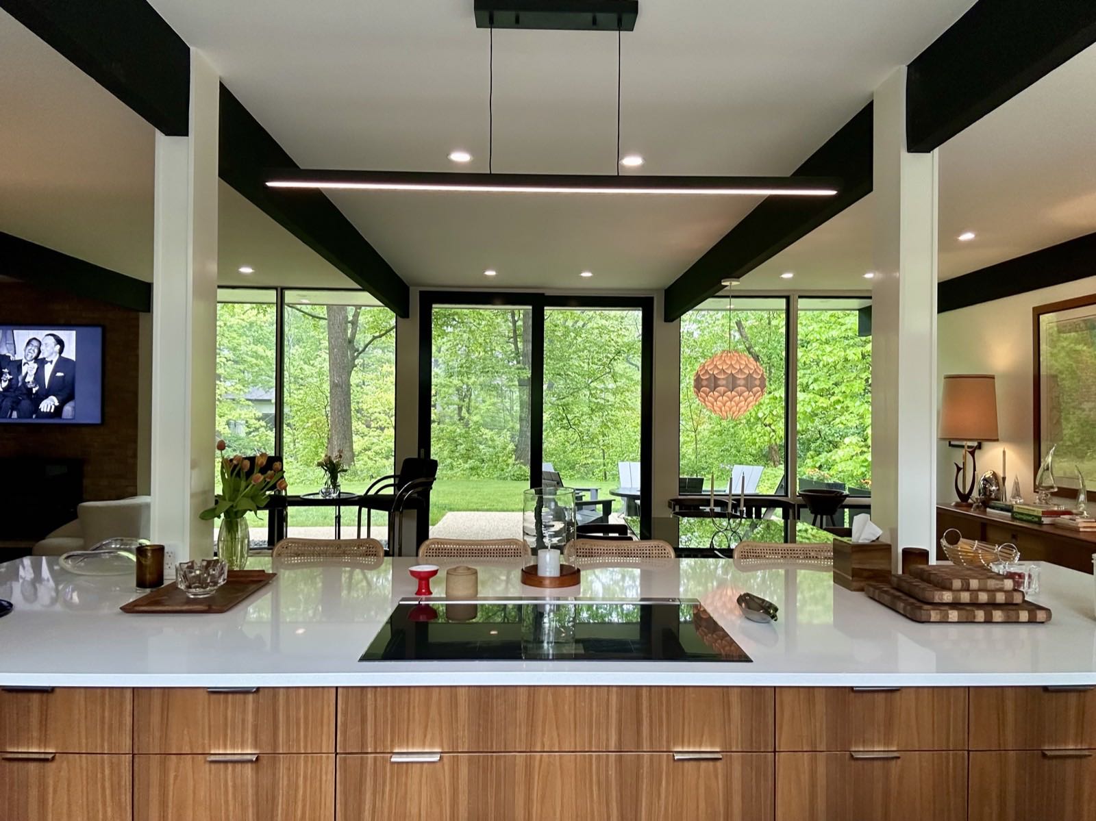 Kitchen island with an induction hob, looking out through sliding glass doors to the rear lawn and woodland.