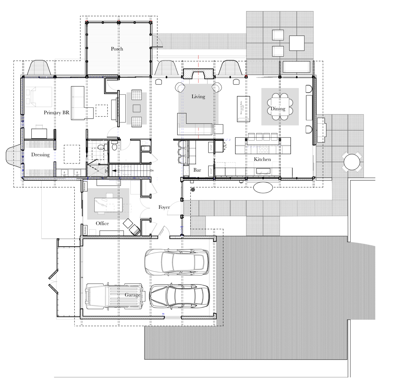 Renovated first floor plan: an open living, dining and kitchen running the length of the house, with a primary suite and dressing room to the west and a two-car garage.