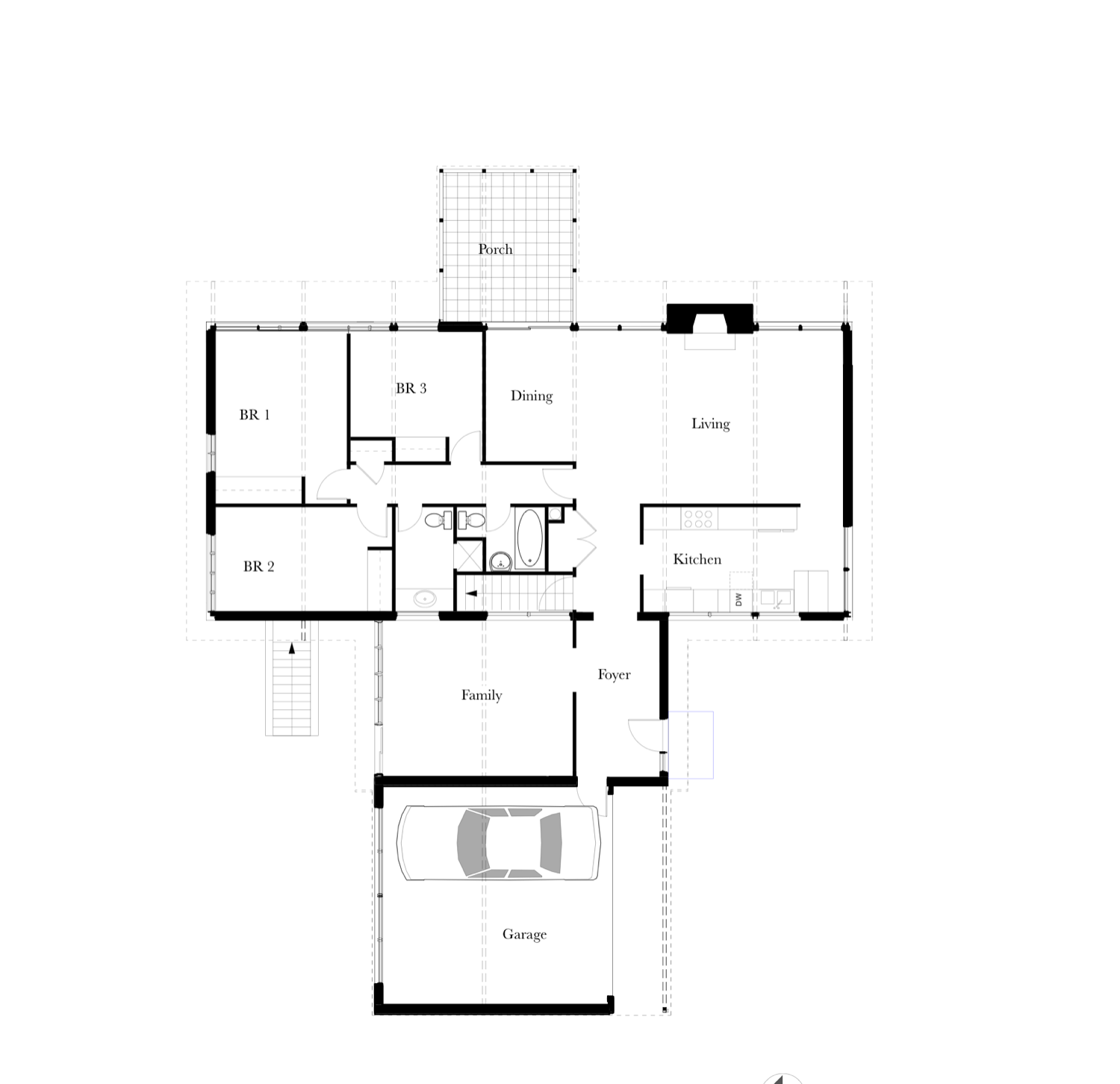 Original 1954 first floor plan: three bedrooms along the west side, with separate living, dining and kitchen rooms and a single-car garage.