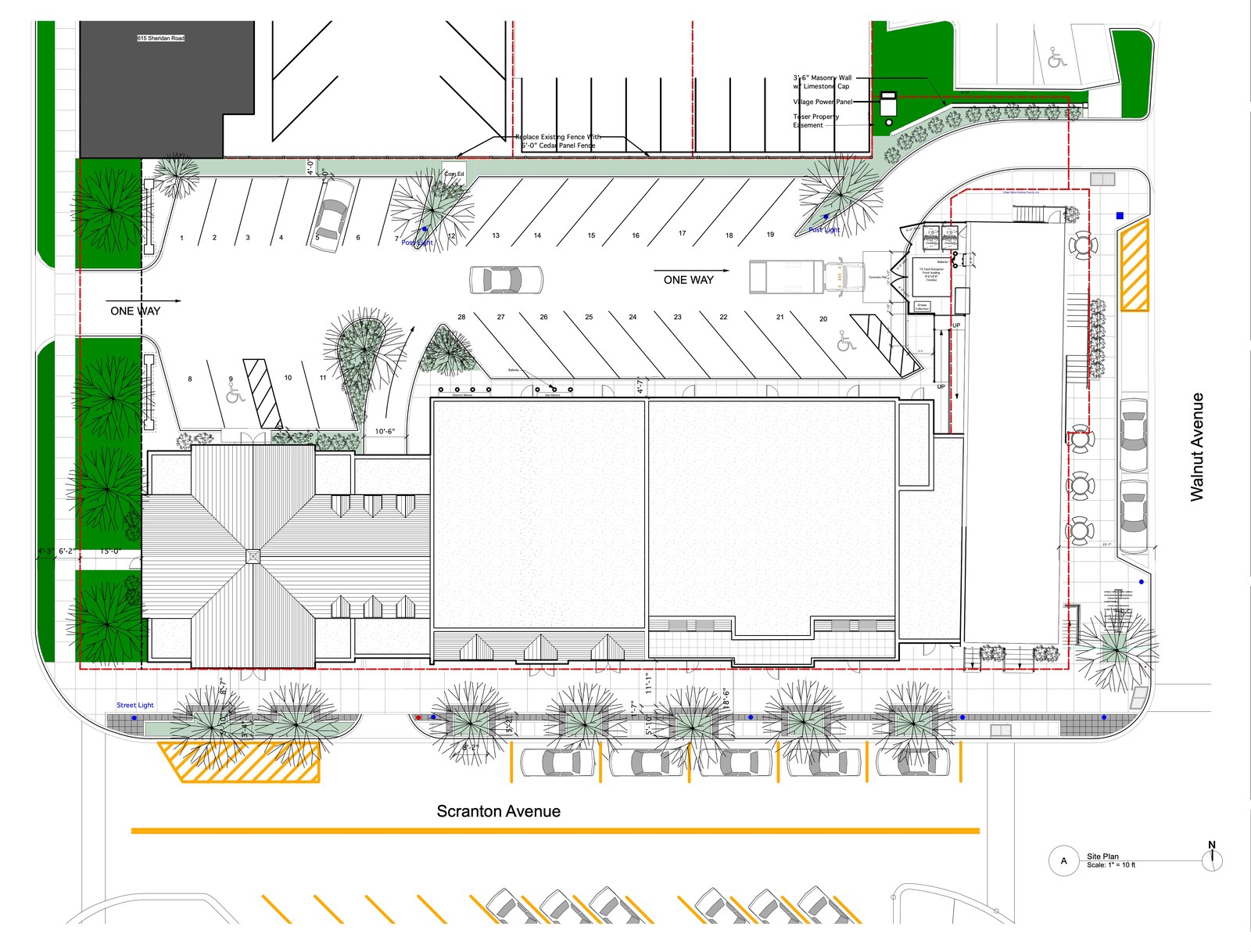 Site plan: the building held to the Scranton Avenue frontage with parking, service and landscaping worked in behind it, and Walnut Avenue along the eastern edge.