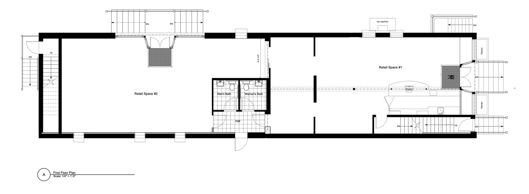 First floor plan, two retail spaces either side of a central core of stairs and washrooms in a long narrow building.
