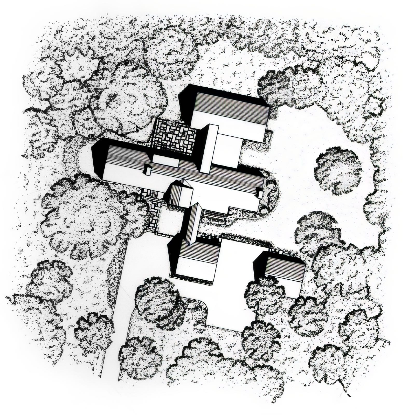 Site plan showing the house positioned against the meadow, with the drive, terraces and surrounding tree cover.